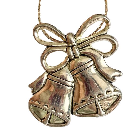 Vintage Christmas Bells Necklace Brooch Pin Pendant 24" Silver Plated Estate MJ - Picture 11 of 11